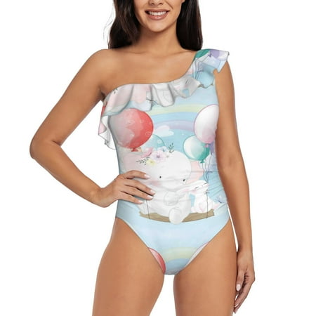 Qokaie Cute Elephant Print Women s One Piece Swimsuits Tummy Control Bathing Suits Asymmetric One Shoulder Swimwear-