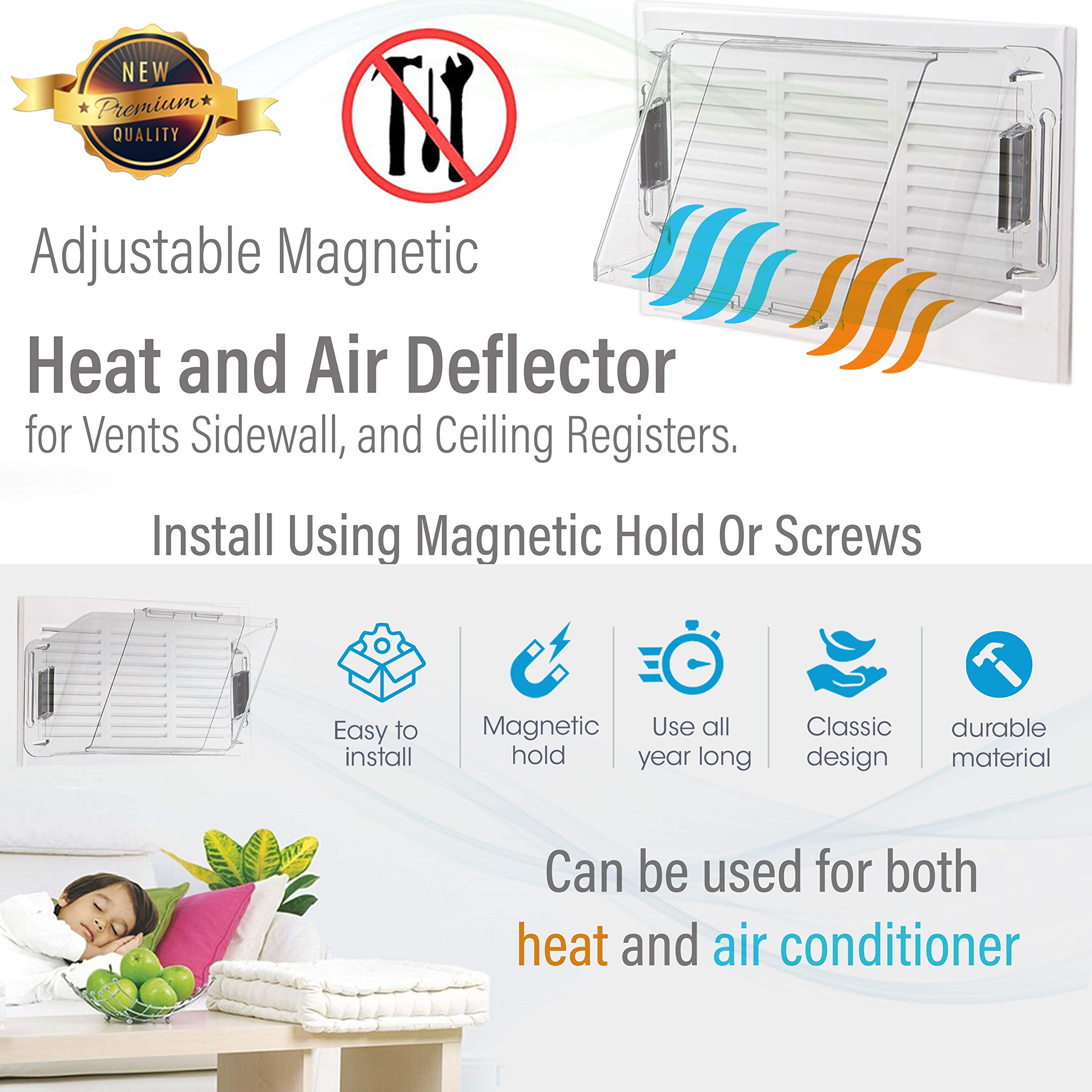 Home Intuition Adjustable Magnetic Heat and Air Deflector for Vents, Sidewall, and Ceiling Registers, 2 Pack