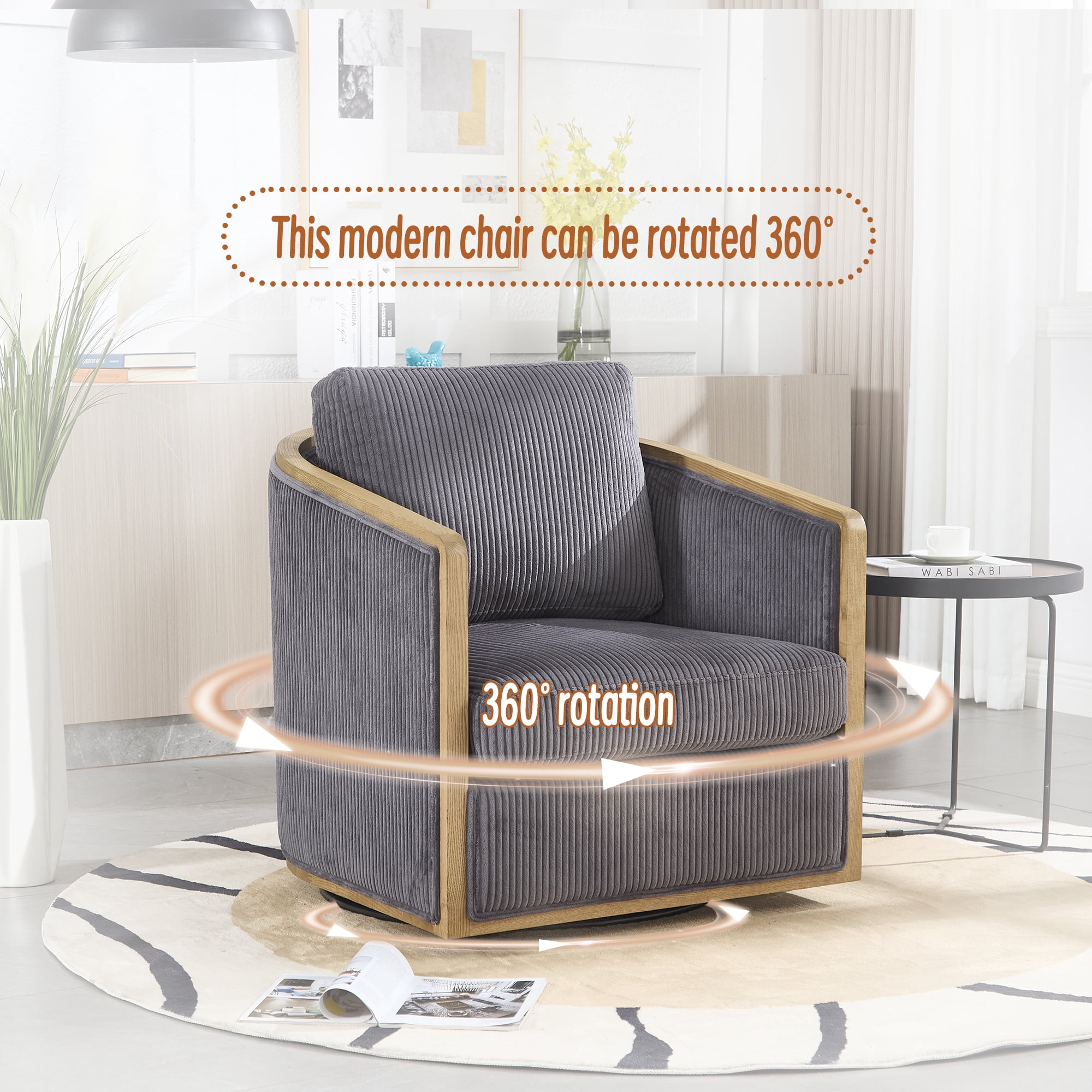 MOONMISS Corduroy Upholstered 360°Swivel Comfortable Round Barrel Chair for Living Room,Bedroom-Dark Gray
