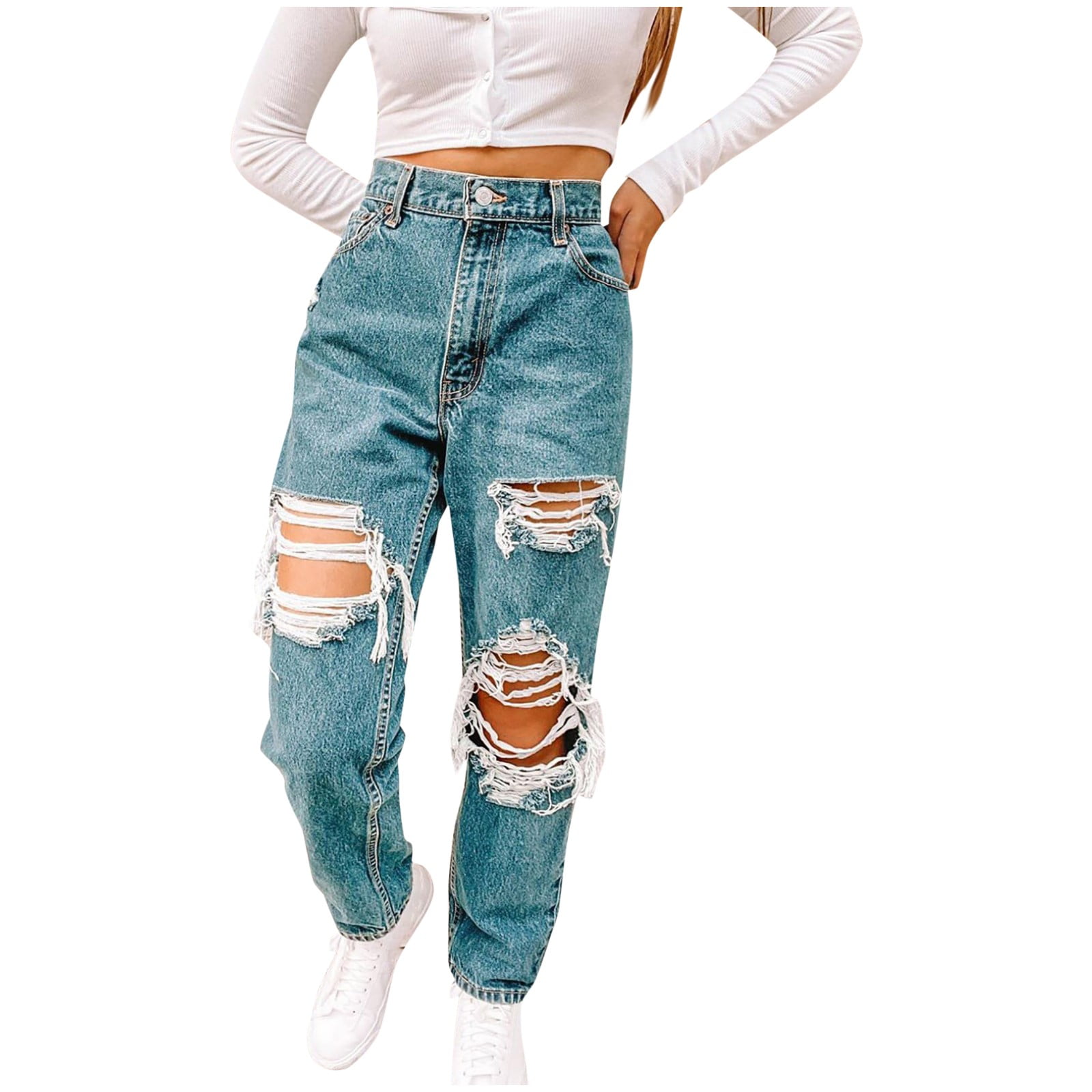 Women High Waisted Baggy Ripped Fashion Pocket Elastic JeansCurved flared jeans Walmart.com
