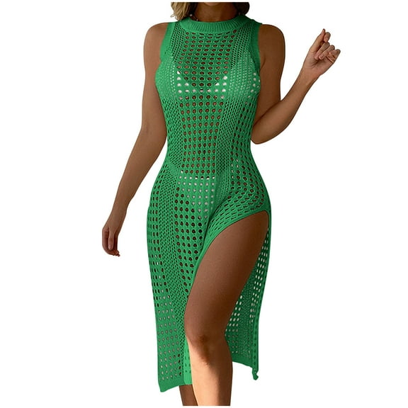Xuhomer Summer Cover Ups for Women Knitted Hollow Short Sleeve High Neck Crochet Split Beach Cover Up Bikini Swimsuits Bathing Suits Sunscreen Cover Swimsuit Cover-up Dress Green Free Size