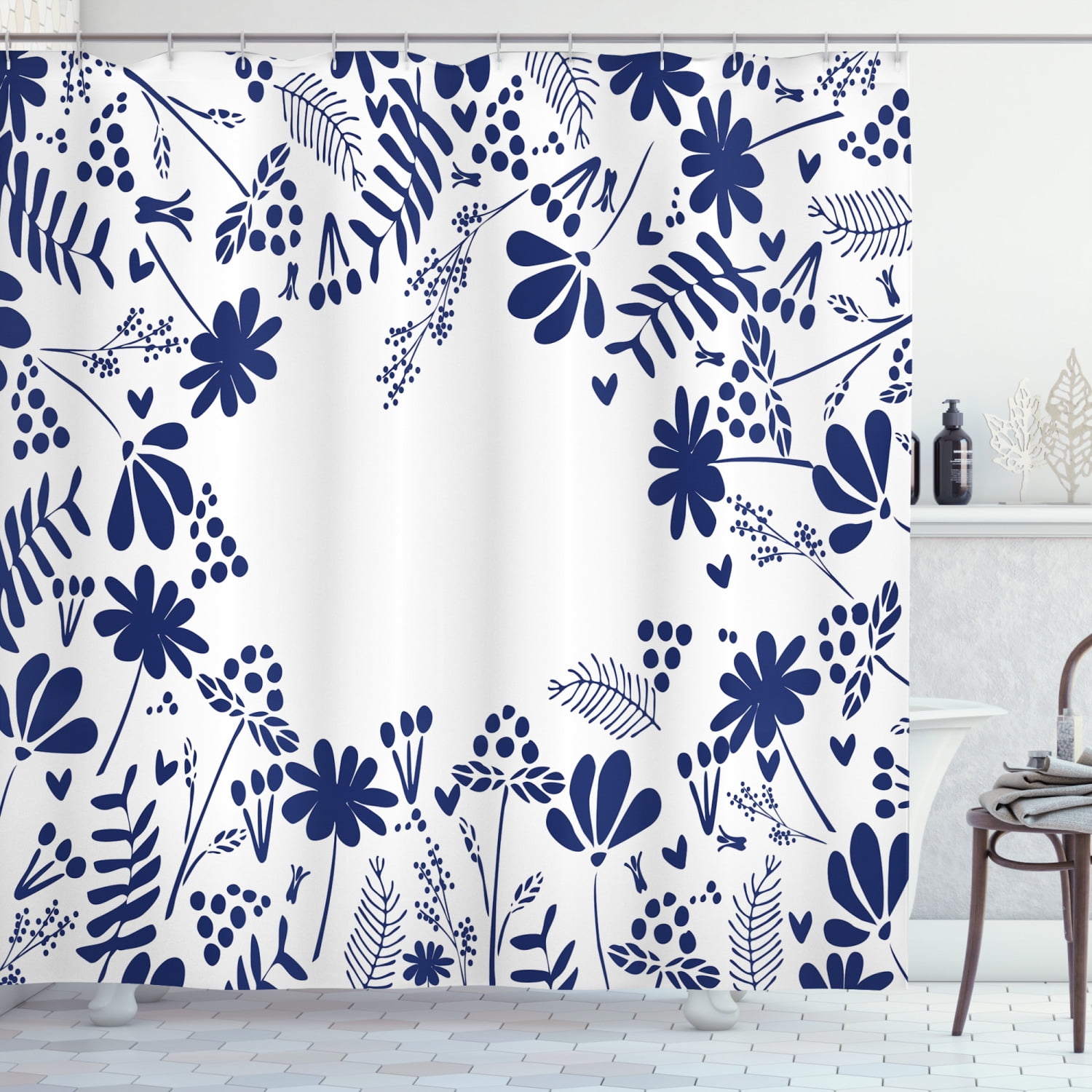 Navy Shower Curtain, Botanical Beauty Flower Branches Ferns Leaves