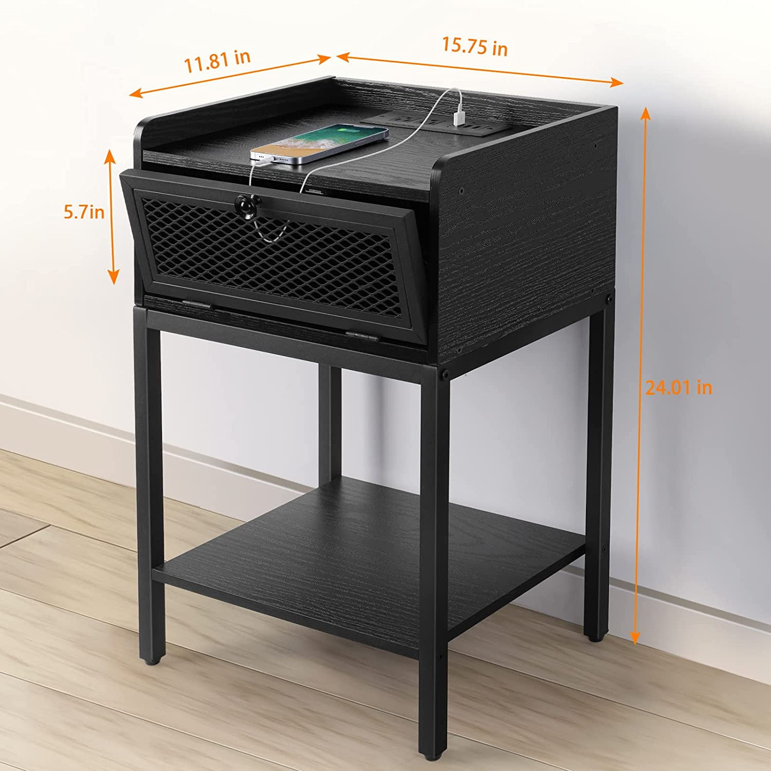 Nightstand with Charging Station End Table with Drawers, Black