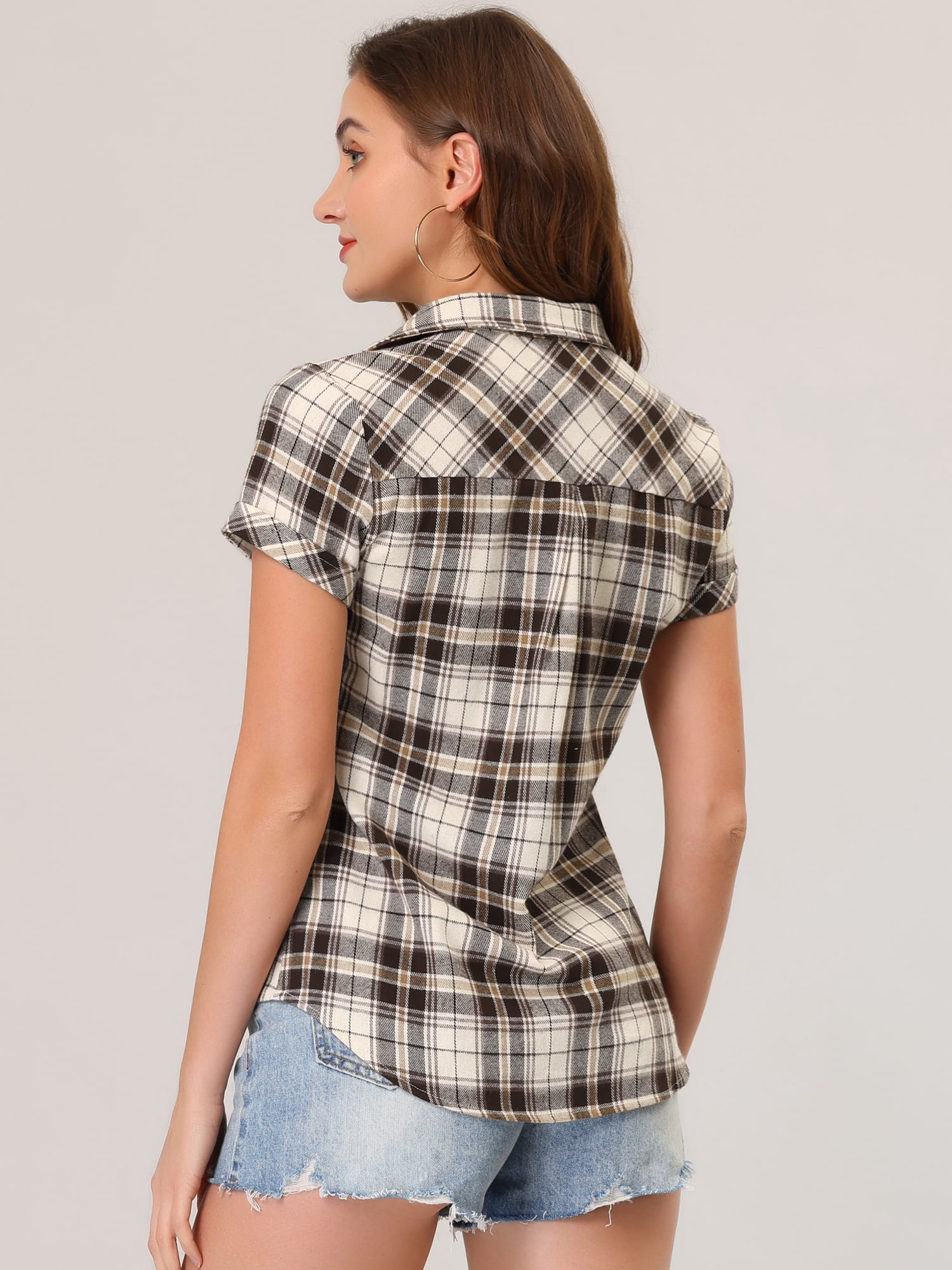 DARING DIVA Women's Casual Boyfriend Plaid Button Down Flannel Shirt XL Brown Beige