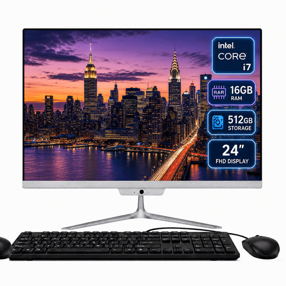 All-in-One Desktop Computer 24" FHD , Intel Core i7 up to 4.0 GHz 16GB RAM, 512GB SSD, Windows 10, Webcam, Includes Wired Keyboard and Mouse, White