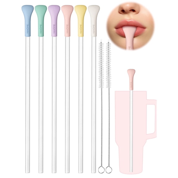 NiHome 6PCS Anti Wrinkle Straws with Silicone Widen Flat Tip Drinking Plastic Straw, Compatible with Stanley 30 oz 40 oz Tumbler, Reusable Wrinkle Free Long Straw, 2 Brushes, BPA-free (Macaron Colors