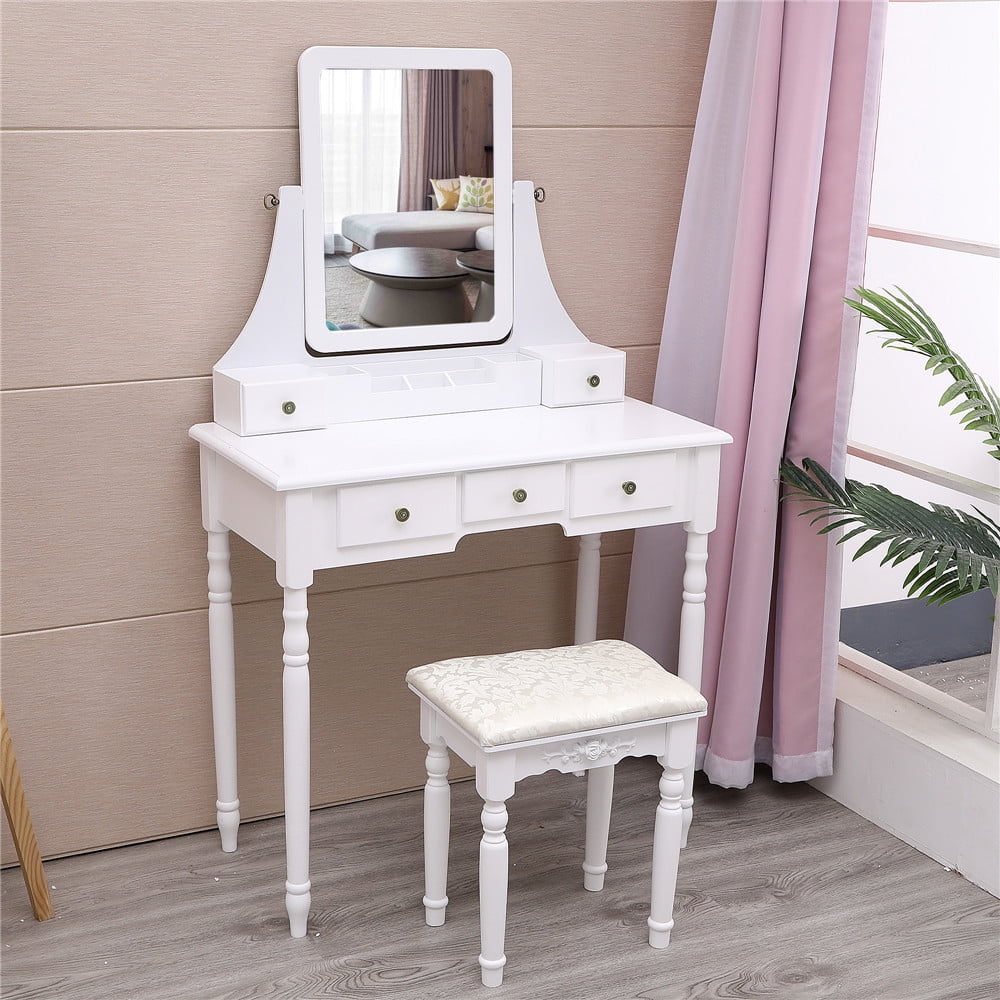 White Tri-Folding Mirror Vanity Set 5 Drawers Dressing Table Makeup Desk & Stool 