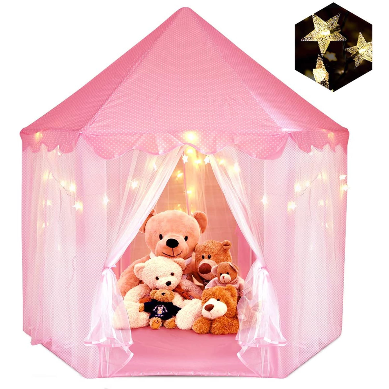 CIPACHO Play Castle Tent for Kids, Indoor Children Playhouse with Warm LED Star Lights, Birthday and Christmas Toy Gift, Pink
