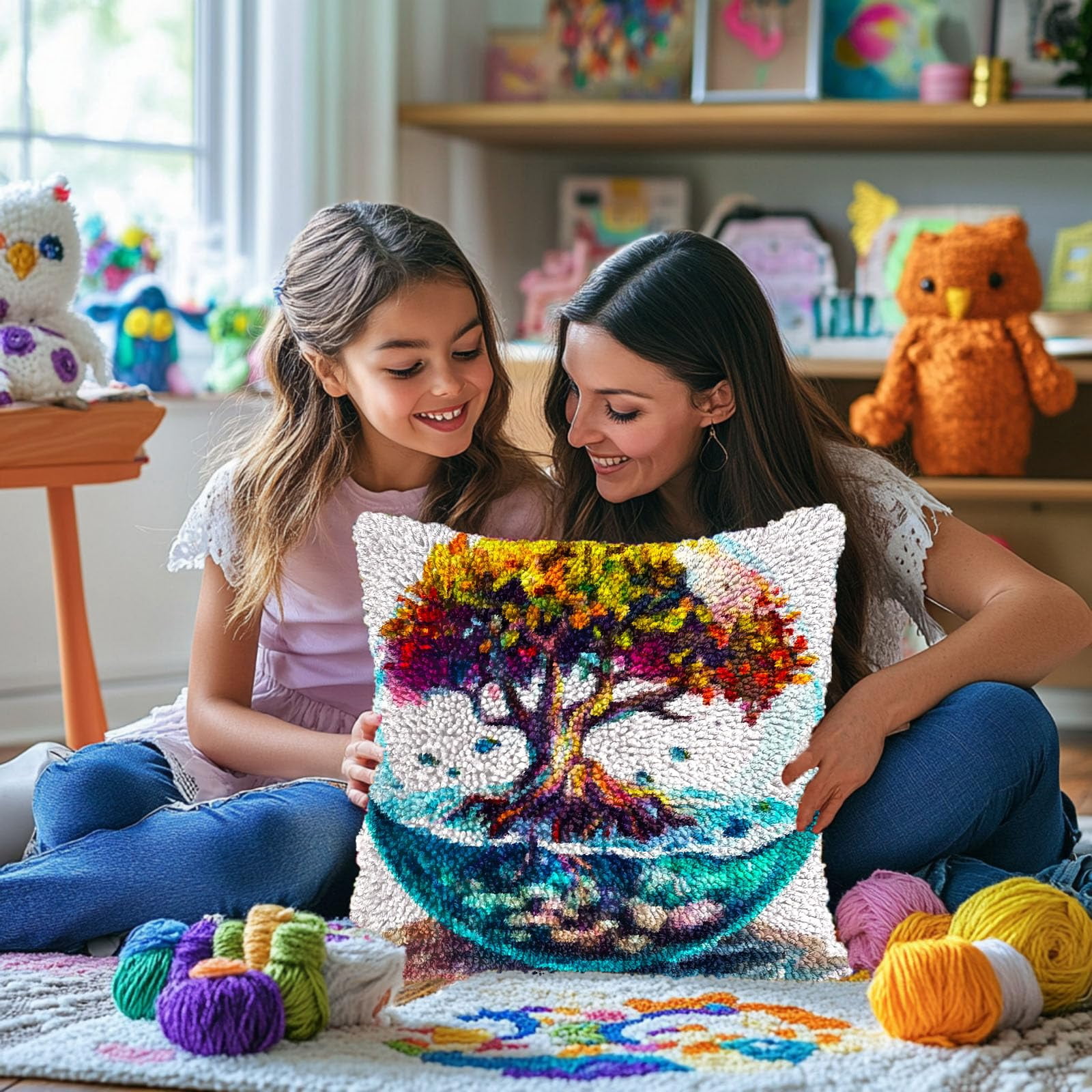 Colorful Tree in Glass Water DIY Latch Hook Pillow Kits for Adults Printed Pillowcase Crochet Yarns Hooking Handmade Pillow Cover Cushion for Home Sofa Decoration 17x17inch(5)