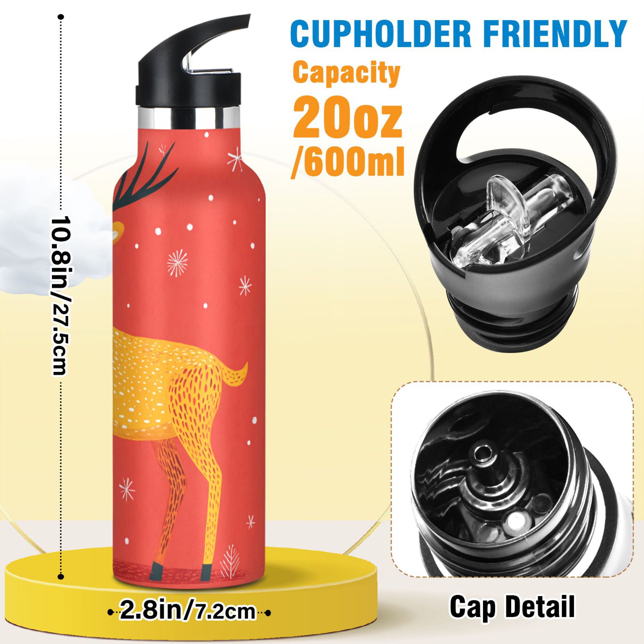 600ML Stainless Steel Insulated Cup Sports Water Bottle Portable Thermos Cup Water Glasses Insulated Tumblers Convenient and Durable Warm Christmas Deer