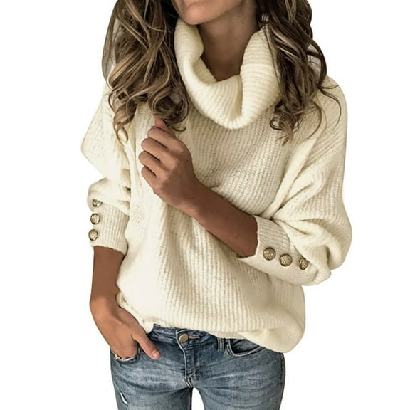 DuoJiaJ Womens Oversized Turtleneck Sweaters Fall 2025 Lightweight Thin Ribbed Knit Button Cropped Pullover Top Beige L