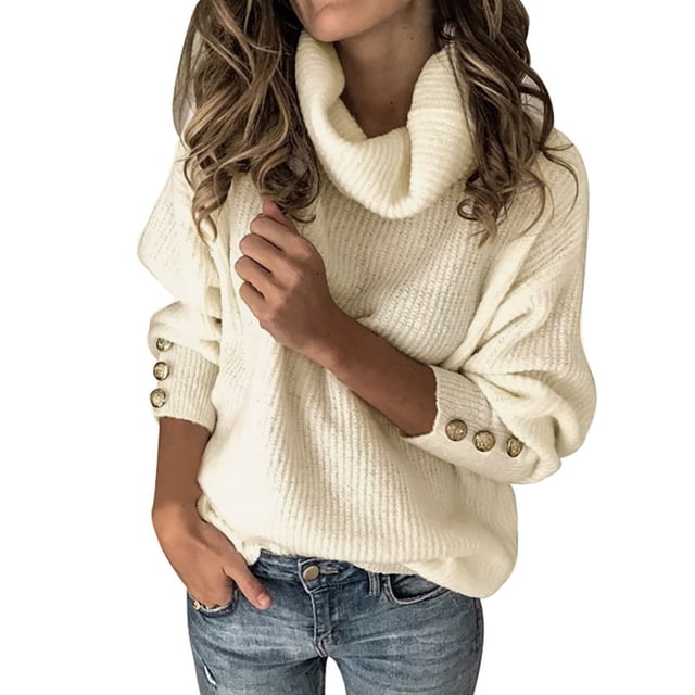 Chandail Col Roulé Tricoté Ample pour Femmes Manches Longues avec Boutons Détails Confortable Haut d'Hiver