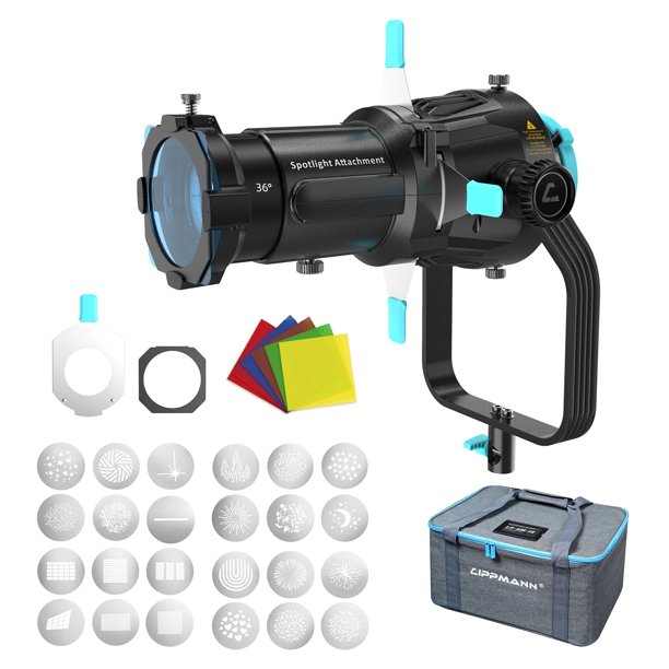 Condensador fotográfico LIPPMANN Kit de Snoot cónico con montura Bowens para luz continua LED, luz estroboscópica con lente de proyección de 36°, 5 geles de color, 24 tarjetas gráficas y bolsa d