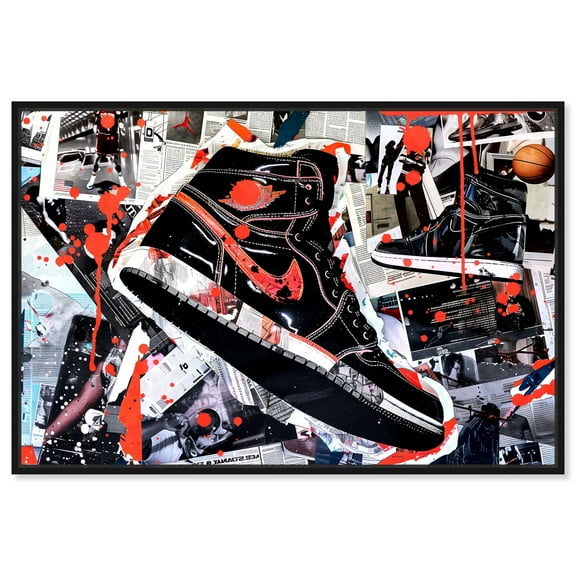 Splatter Sneaker Collage II Urban Style Canvas Wall Art by Notoriart, Black Floater Frame, 15"x10"