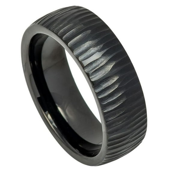 Custom Personalized Engraving Wedding Band Ring Set for Him & Her - 8mm Black IP Plated Semi Domed Ring with Tree Bark Carved Textured Finish
