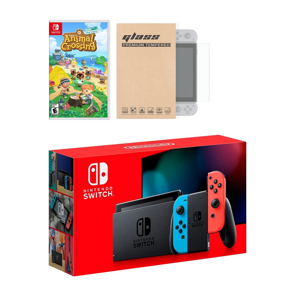 New Nintendo Switch Red/Blue Joy-Con Improved Battery Life Console Bundle with Animal Crossing: New Horizons NS Game Disc and Mytrix NS Tempered Glass Screen Protector - 2020 Best Game!