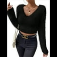 thumbnail image 2 of Suéter Corto de Larga con Cuello en V para Mujer, Informal, Liso, Ajustado, Cálido, de Punto Negro M, 2 of 8