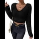 thumbnail image 2 of Suéter Corto de Larga con Cuello en V para Mujer, Informal, Liso, Ajustado, Cálido, de Punto Negro M, 2 of 8