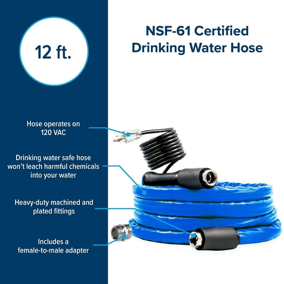 Camco 12ft TastePURE Heated Drinking Water Hose - Lead and BPA Free, Reinforced for Maximum Kink Resistance, 1/2" Inner Diameter (22900)