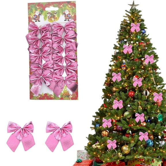 12Pcs Pink Bows Christmas Tree Decorations,2 Inch Mini Christmas Bows Ornaments for Tree Home Party Front Door Wreath Holiday Indoor Inside Decor Christmas Tree Hanging Decor DIY Decoration