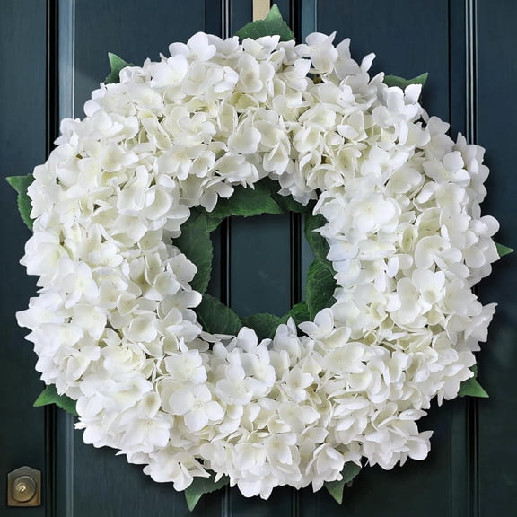 Artificial Hydrangea Wreath for Front Door, 22" Spring Summer White Flower Wreath, Fuax Hydrangeas Leaves for Home Mantel Wall Farmhouse Decor