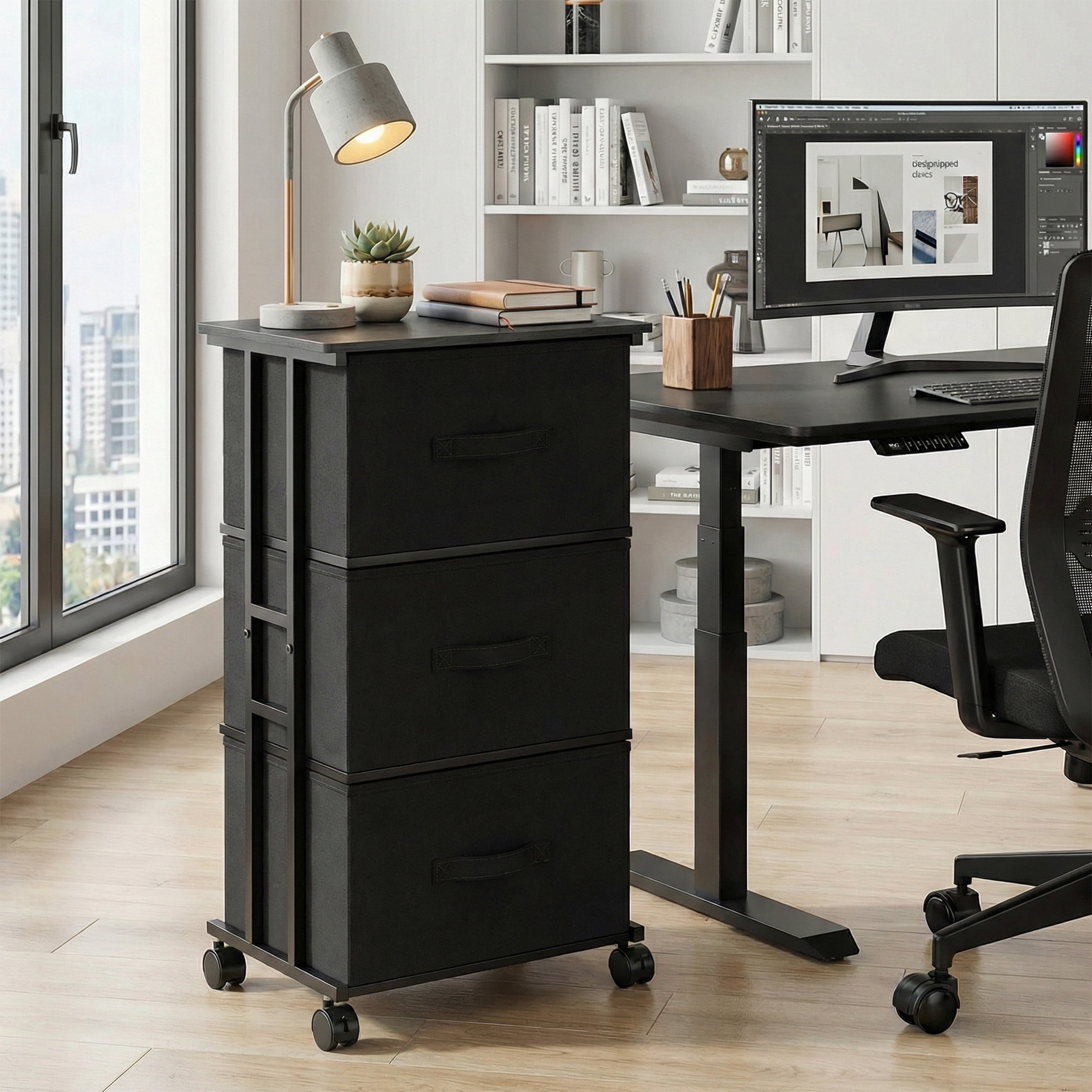 CONCETTA Dresser Storage with 3 Drawers, Storage with Wheels for Bedroom, Home Office, Black