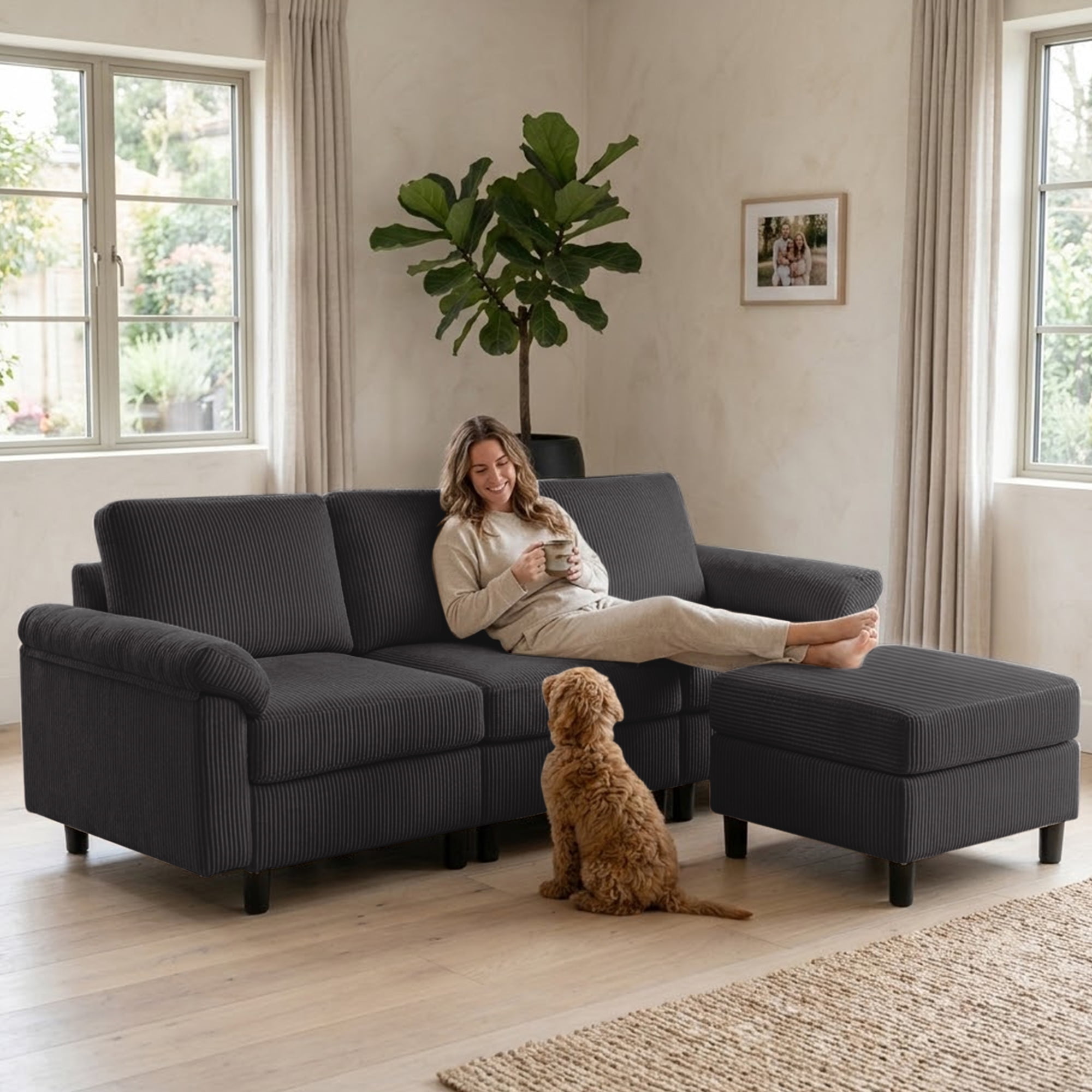 SAETSFEG Sectional Sofa, L-Shape 3-Seat Couch with Movable Ottoman, Modern Storage Modular Sofa for Living Room,Black