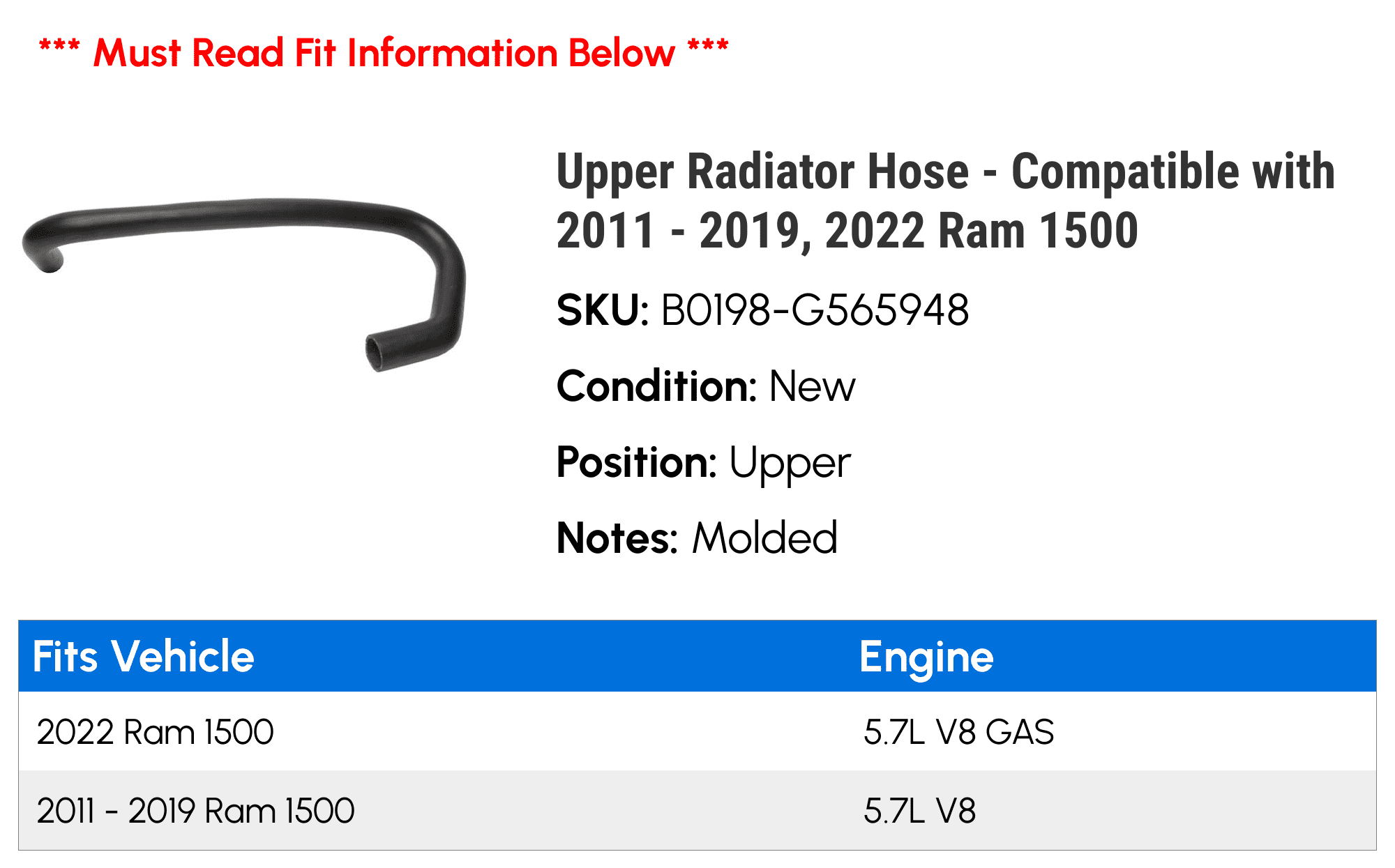 Upper Radiator Hose - Compatible with 2011 - 2019, 2022 Ram 1500 2012 2013 2014 2015 2016 2017 2018