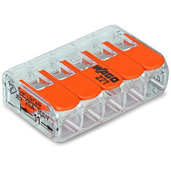 WAGO 221-415/K194-4045 221 5-Conductor Terminal Block, 450 V, 24 to 12 AWG Wire, 5 Poles