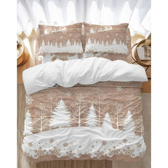 Vintage Christmas Wood Grain Bedding Duvet Cover Set Full Size 4 Pieces Xmas Elk Tree Snowflake Bedding Set with Zipper Closure, 1 Comforter Cover 86x86 Inches 1 Flat Sheet & 2 Pillow Cases