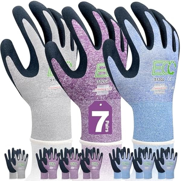 wonima02 7 Pairs Women Gardening Gloves, EN388 2131X Outdoor Protective Work Gloves with Breathable Micro-Foam Coating for Gardening, General Purpose, Courtyard, 3 Purple + 3Blue +1 Grey