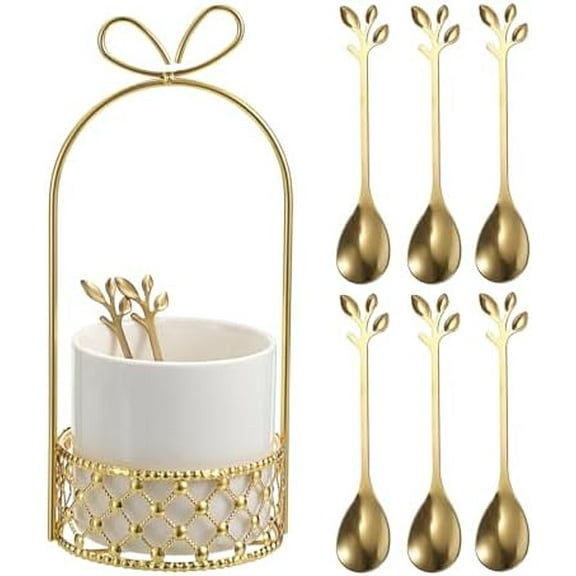 Coffee Spoon Set, White Ceramic Holder with 8 Stainless Steel Gold Leaf Coffee Spoons, Creative Flatware Set for Stirring, Mixing, Sugar, Ice Cream, Cake (8 x Spoons)