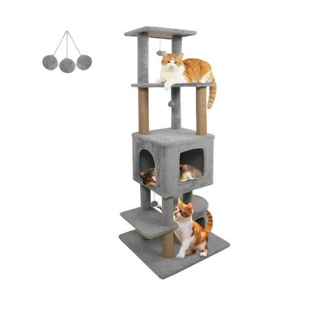Costway 64" Tall Cat Tree with 2 Large Condos, Jute Scratching Posts, Plush Top Perch Light Gray