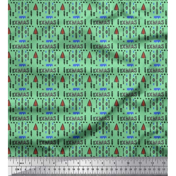 Soimoi Green Poly Georgette Fabric Text & Christmas Tree Folk Art Print Fabric by the Yard 42 Inch Wide