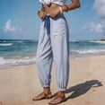 thumbnail image 7 of Womens Summer Striped Barrel Pants Comfy Drawstring Cropped Pant with Pockets Beach Vacation Elastic Waisted Trousers Blue S, 7 of 7
