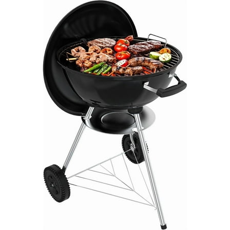 ZHIBO 18" Portable Charcoal Kettle Grill, Smoker with Wheels & Lid, for Camping, Black