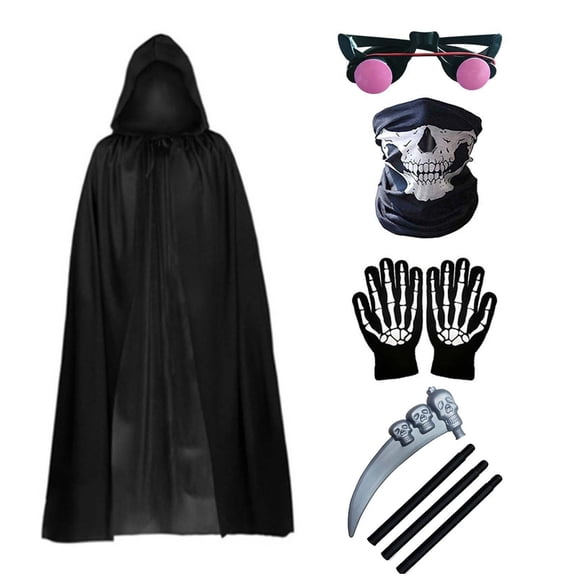 MuXiKeJi Clothes Adult Grim Reaper Black Hooded Cape With Scythe 6Pcs Full Set | Halloween Death Cloak With Gloves Socks Mask for Haunted House Cosplay One Size 140cm