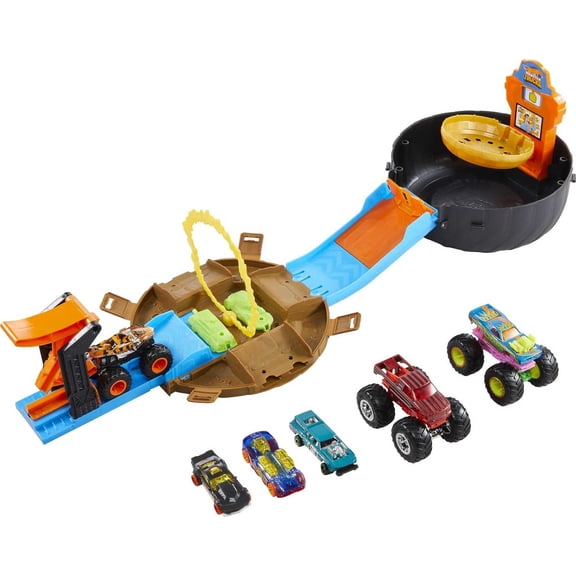 Hot Wheels Monster Trucks Stunt Tire Playset, 3 Trucks & 3 Vehicles, Ages 4-8, 24" x 18" x 12", Plastic