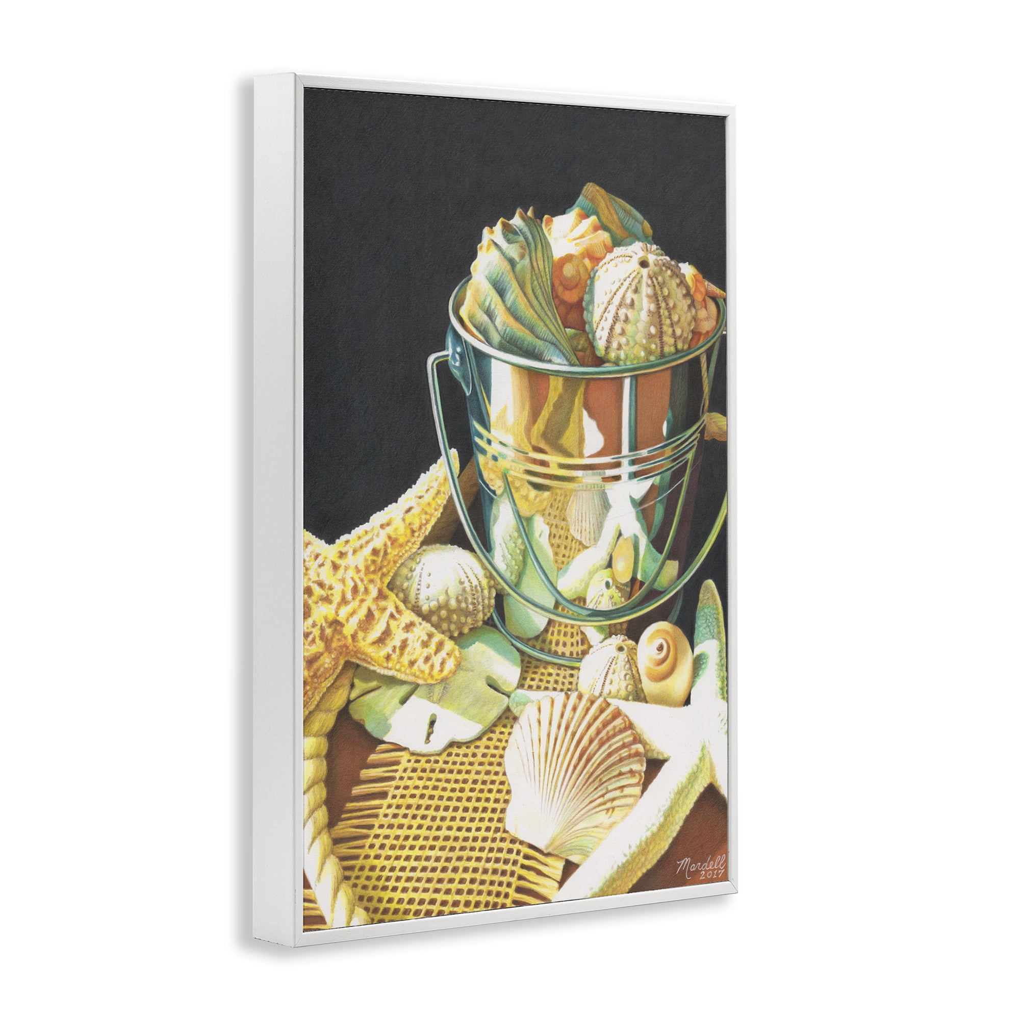 Stupell Industries Bucket Of Seashells Coastal Painting White Framed Art Print Wall Art, 16 x 24