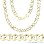 5mm Cuban / Curb Link D-Cut Pave Italian Chain Necklace in .925 Sterling Silver w/ 14k Yellow Gold