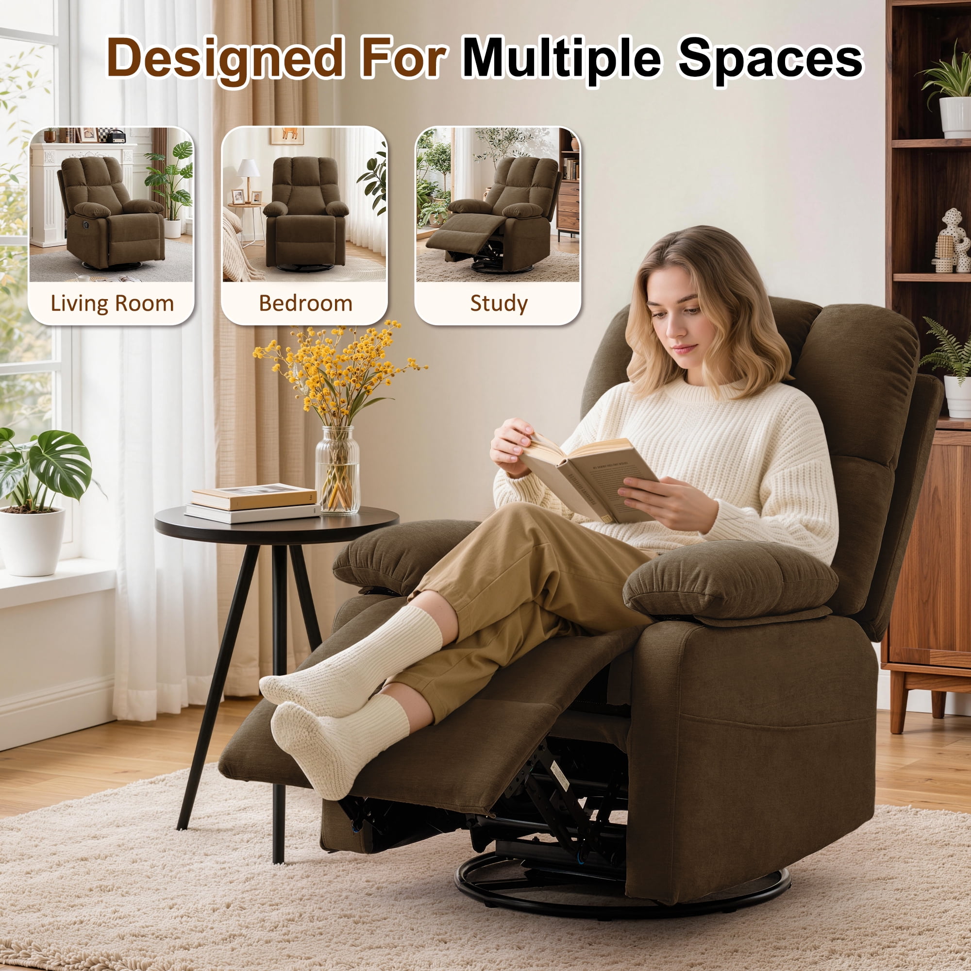 GEEYOO Swivel Rocker Recliner Chair for Adults,360°Swivel Nursery Recliner with Side Pockets,Small Recliner Chair for Small Spaces for Living Room,Linen,Brown