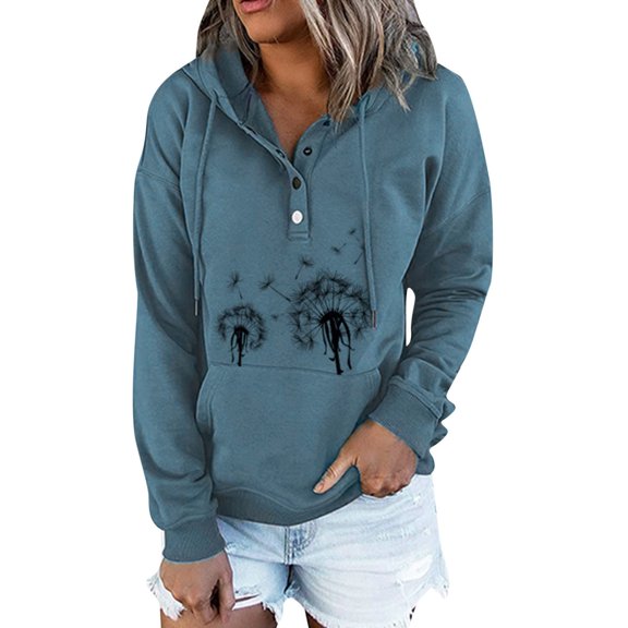 Dyfzdhu Oversized Hoodies for Women Fall Winter Long Sleeve Casual Dandelion Graphic Hooded Sweatshirt Pocket Blue