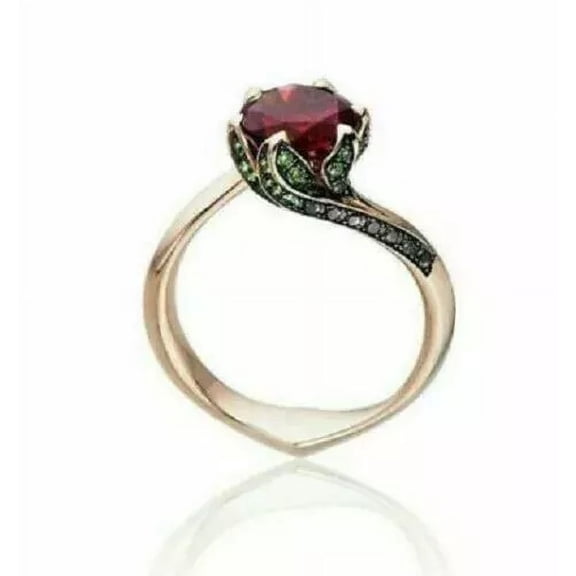 2ct Round Cut Lab Created Red Garnet & Emerald Beauty of Rose Ring 14K Rose Gold Plated 925 Silver
