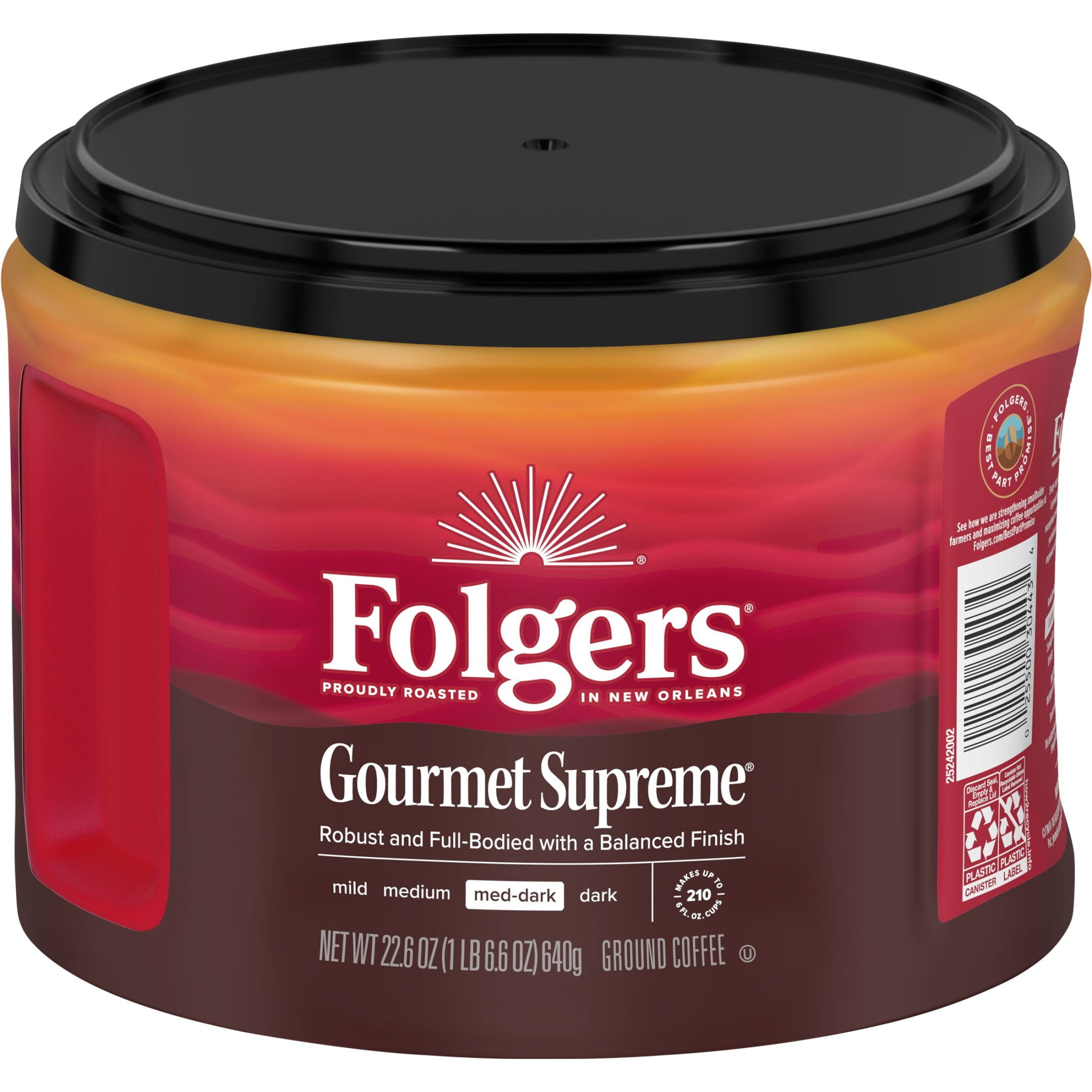 (6 pack) Folgers Gourmet Supreme Ground Coffee, Medium Dark Roast, 22.6 oz Canister