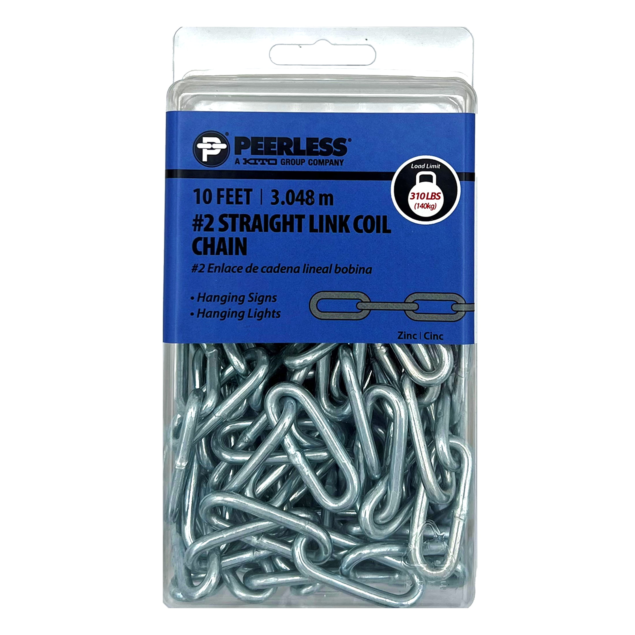 4 Straight Link Coil Chain, 10', Zinc, Peerless Chain Company