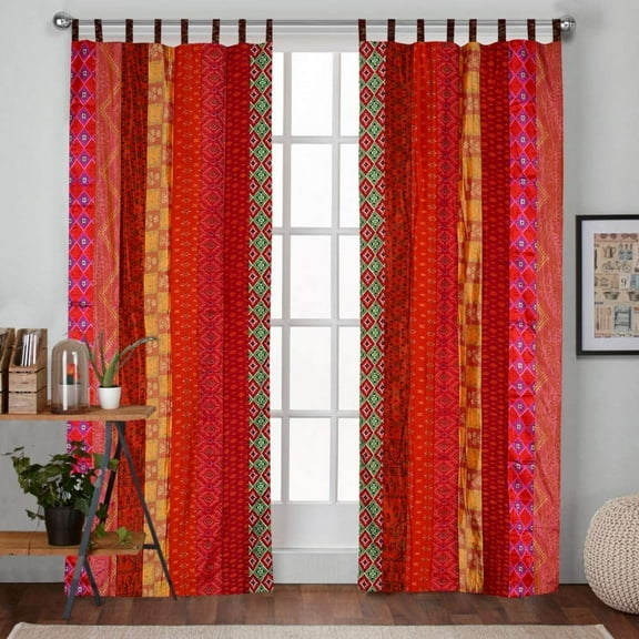 Vinsan International Indian Curtain Saree Silk Curtain Theme Patchwork Sari Bohemian Gypsy Curtain Hippy Bohemian Curtain Ethnic Wall Hanging Curtains Set of 2 Panel 42" x 82" Each