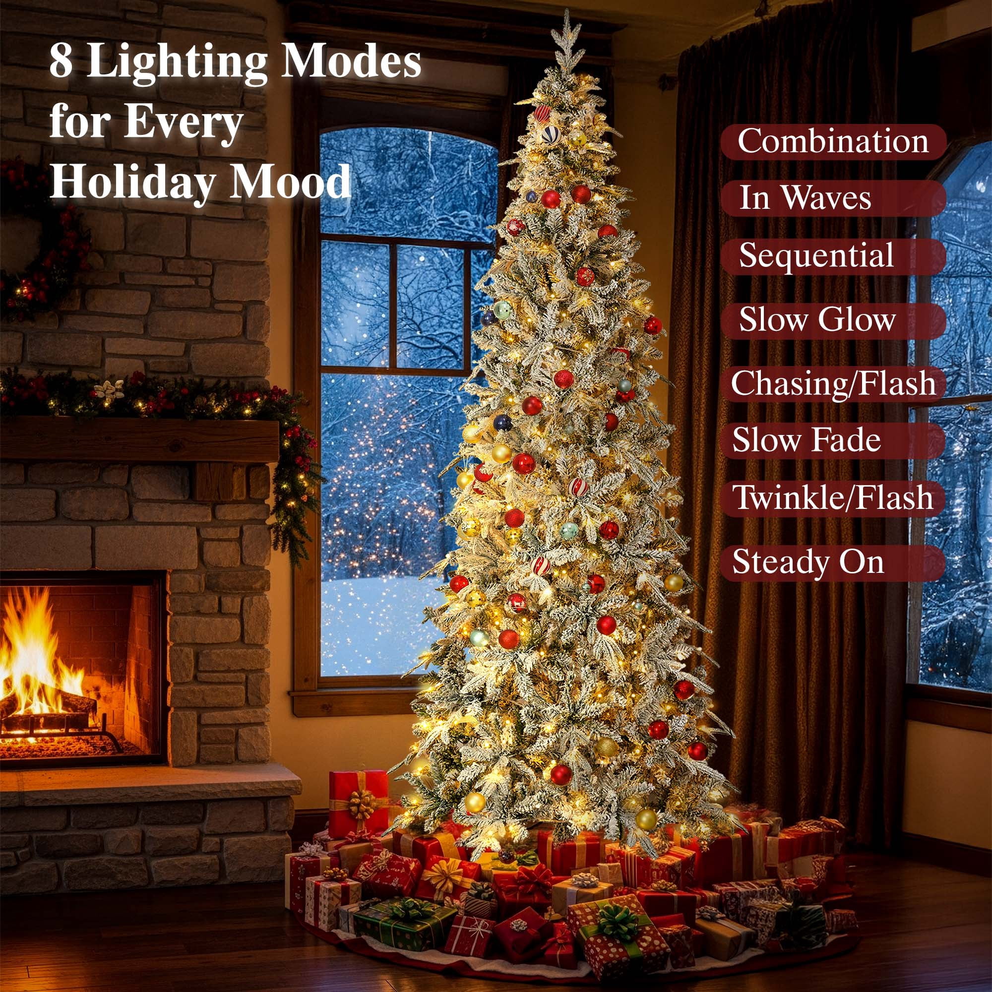 Qunler 6ft Pre-Lit Snow Flocked Artificial PE+PVC Christmas Tree with 250 Warm White 8 Modes LED Lights, Green