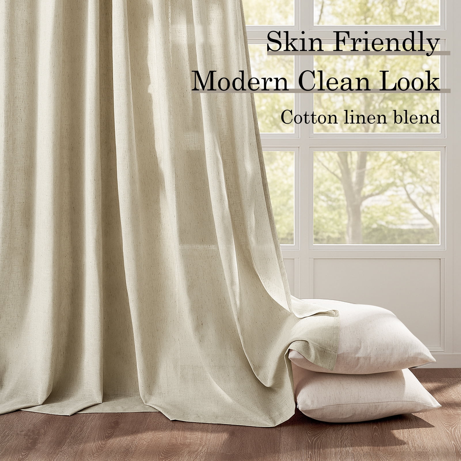 Jainmy Linen Semi Sheer Curtains 90 Inches Long 2 Panels Set, Light Filtering Farmhouse Curtain Drapes for Living Room Bedroom,52"x90",Natural Linen