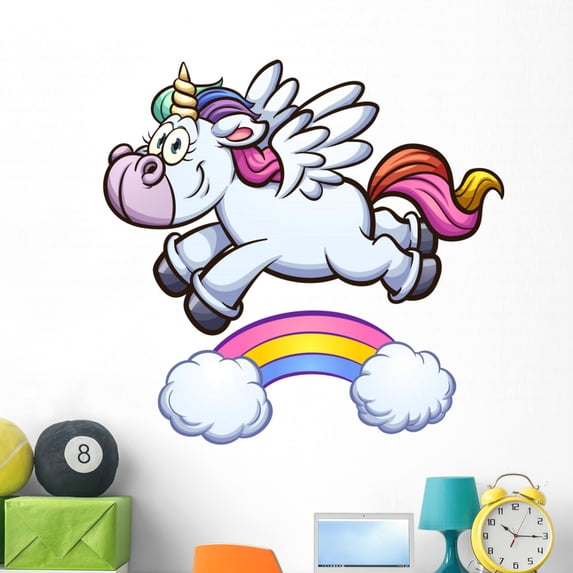 Cartoon Unicorn Flying over Wall Decal Wallmonkeys Peel and Stick Decals for Girls (48 in W x 46 in H) WM502909