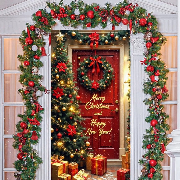 Oioii Christmas Door Cover Decorations Christmas Front Door Banner Backdrop Xmas Party Photography Background Holiday Door Cover Outdoor Home Indoor School Winter New Year Decor(35×71in)